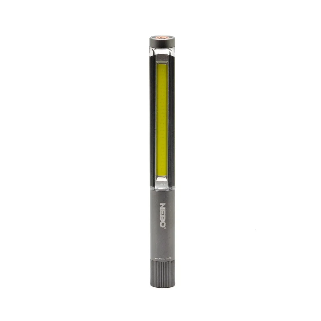Nebo Lil Larry grey anodized aluminum pocket light with an elongated vertical COB LED strip