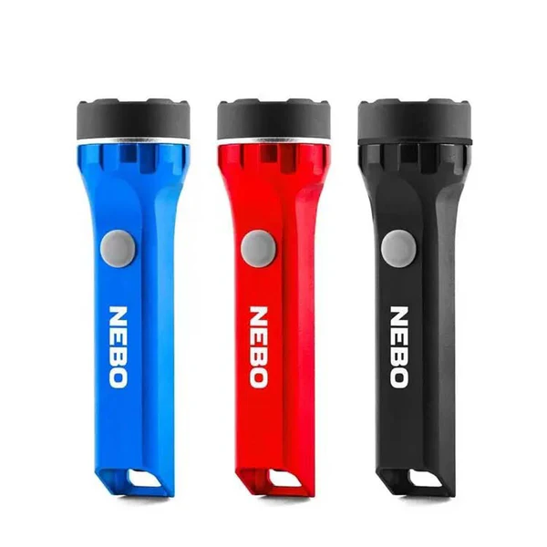 Three Nebo Luxtreme Nano rechargeable flashlights in blue, red, and black standing vertically