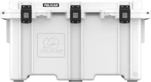 Front view of a white Pelican 150QT Elite Cooler with three black latches